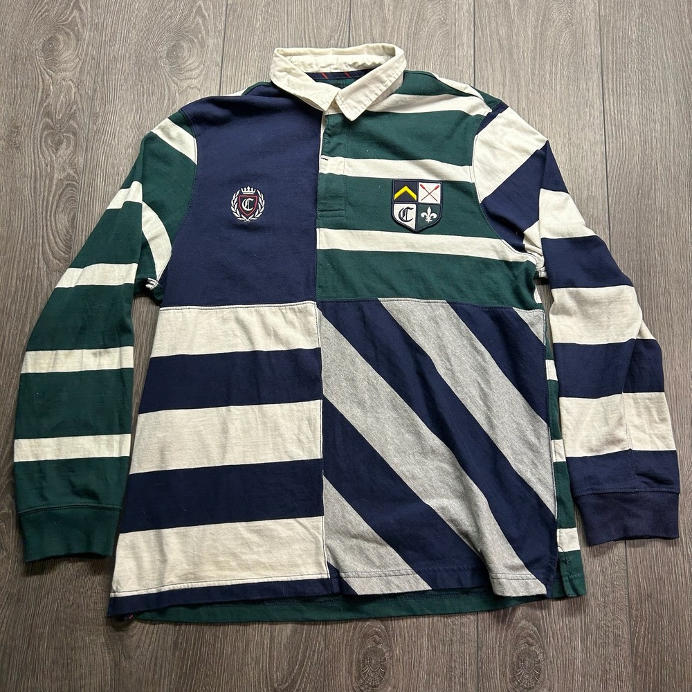 Chaps Mens XL Rugby Shirt Colorblock Striped Crest Long Sleeve Polo Ralph Lauren